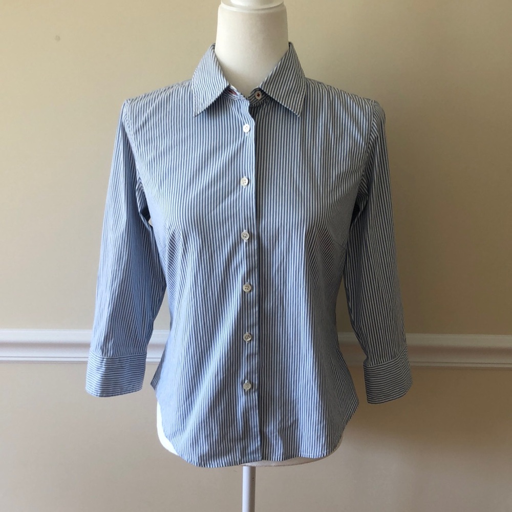 J. Crew Blue and White Stripe 3/4 Sleeve Button Down Shirt Size Medium EUC